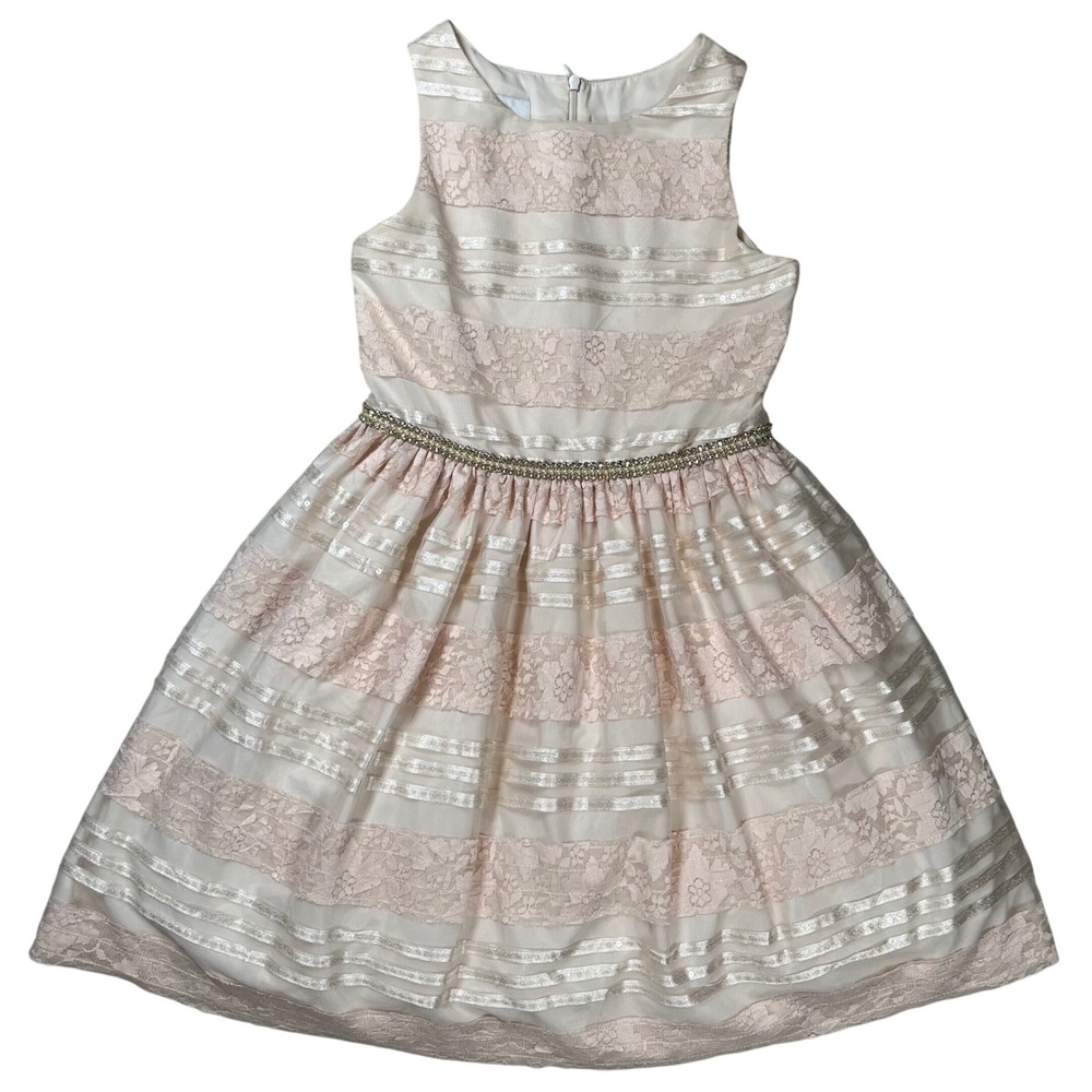 Belle Badgley Mischka Dress Girls Size 12 Blush Pink Lace Sequin Rhinestone Belt